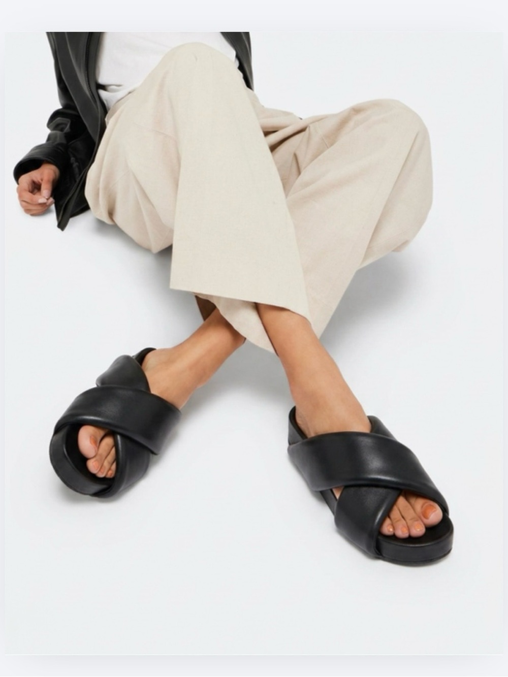 Jil Sander Crossover-Strap Padded Leather Slide  Sandals Black, Made Italy, 35